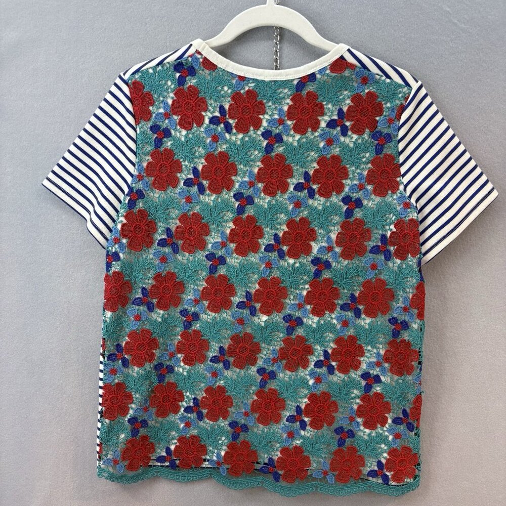 Draper James Striped Top Short Sleeve Embroidered Floral Size Small Boho, Casual